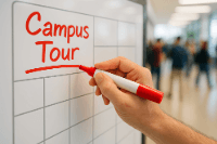 Campus Tour written on a whiteboard with students in the background 
