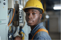 youth working with a hard hat on head