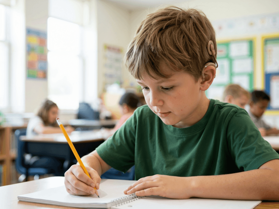 boy with hearing aid in ear at school doing school work